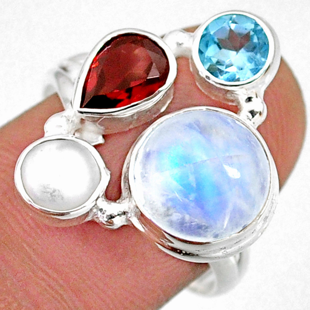 9.96cts natural rainbow moonstone garnet pearl 925 silver ring size 8 r63959