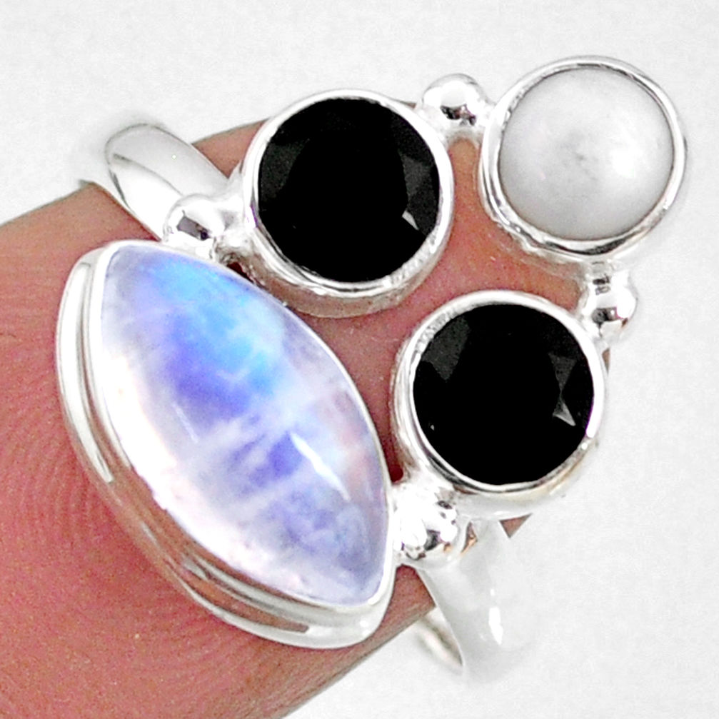 7.64cts natural rainbow moonstone onyx pearl 925 silver ring size 8 r63930