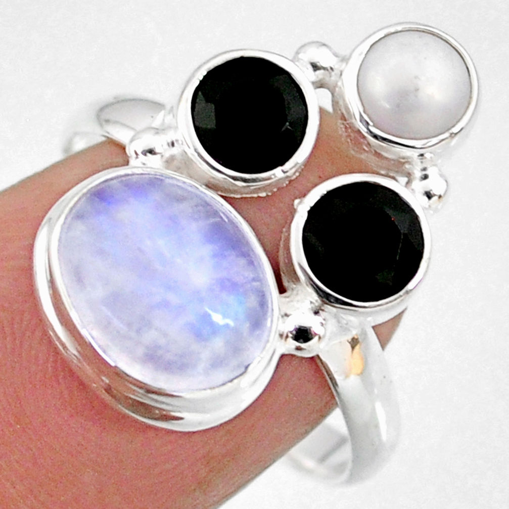 8.51cts natural rainbow moonstone onyx pearl 925 silver ring size 8 r63952