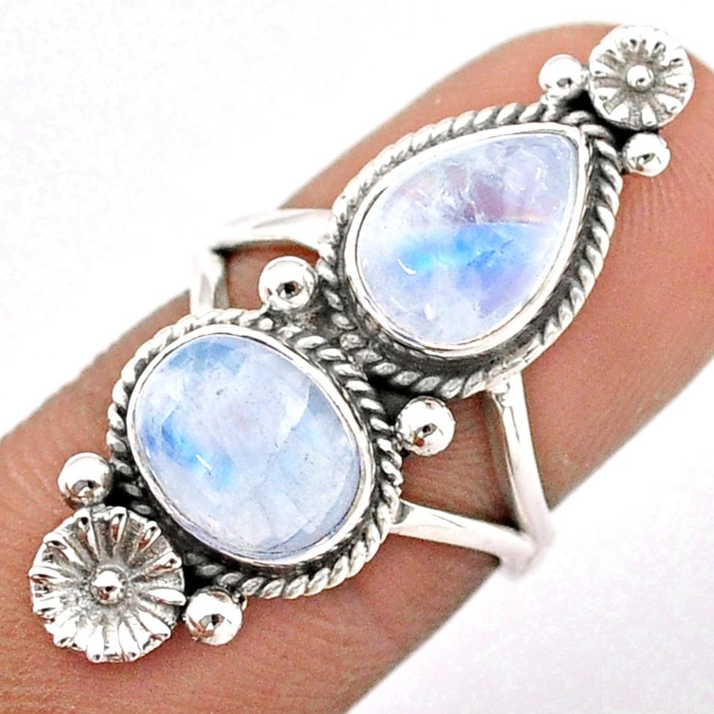 6.08cts natural rainbow moonstone oval 925 silver flower ring size 5.5 t86536