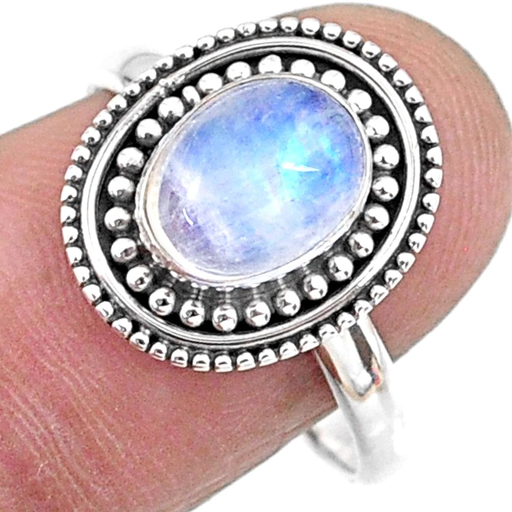 3.26cts natural rainbow moonstone oval 925 silver solitaire ring size 8.5 r57440