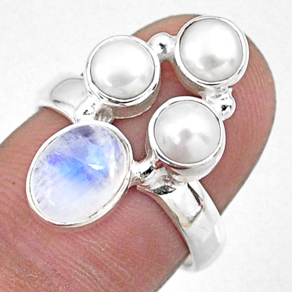 4.92cts natural rainbow moonstone pearl 925 sterling silver ring size 7 r57558