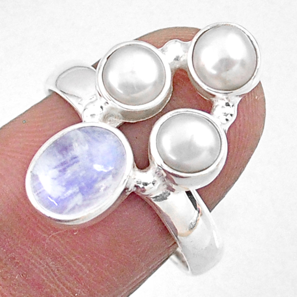 4.85cts natural rainbow moonstone pearl 925 sterling silver ring size 8 r57560
