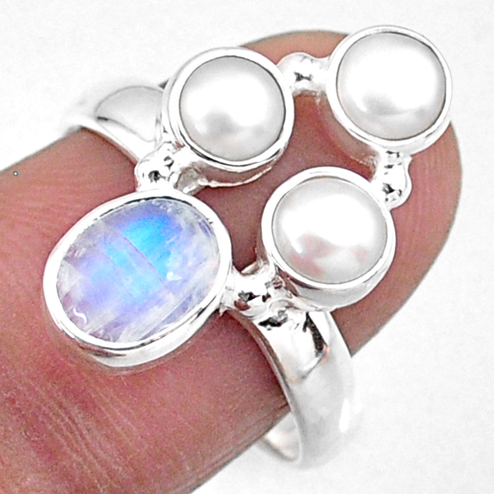 4.69cts natural rainbow moonstone pearl 925 sterling silver ring size 8 r57600