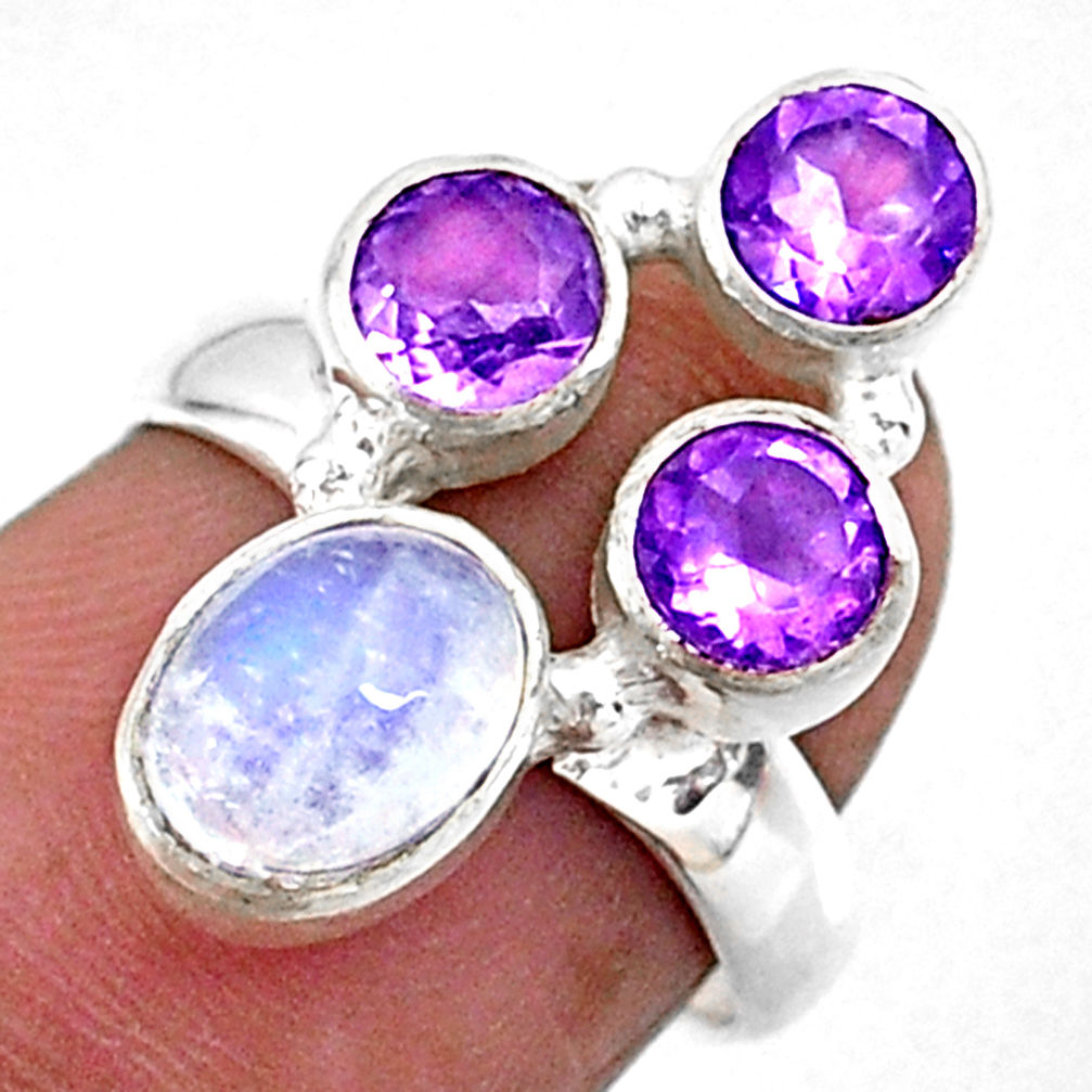 4.68cts natural rainbow moonstone purple amethyst 925 silver ring size 6 r57637