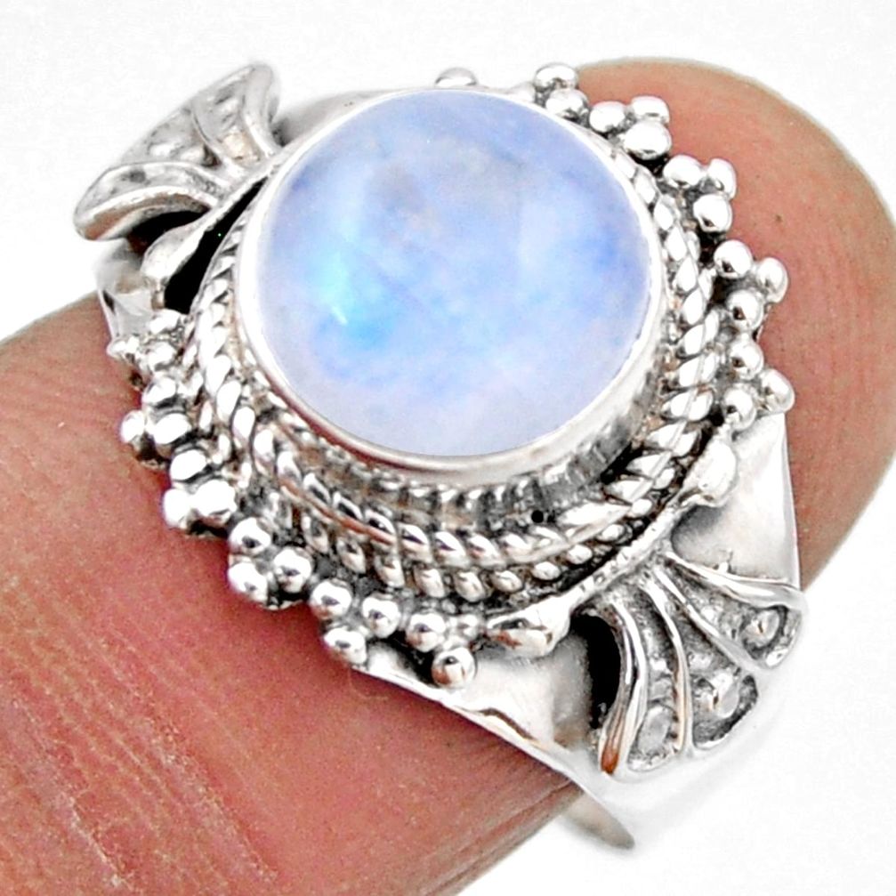 5.31cts natural rainbow moonstone round silver solitaire ring size 7.5 r53290
