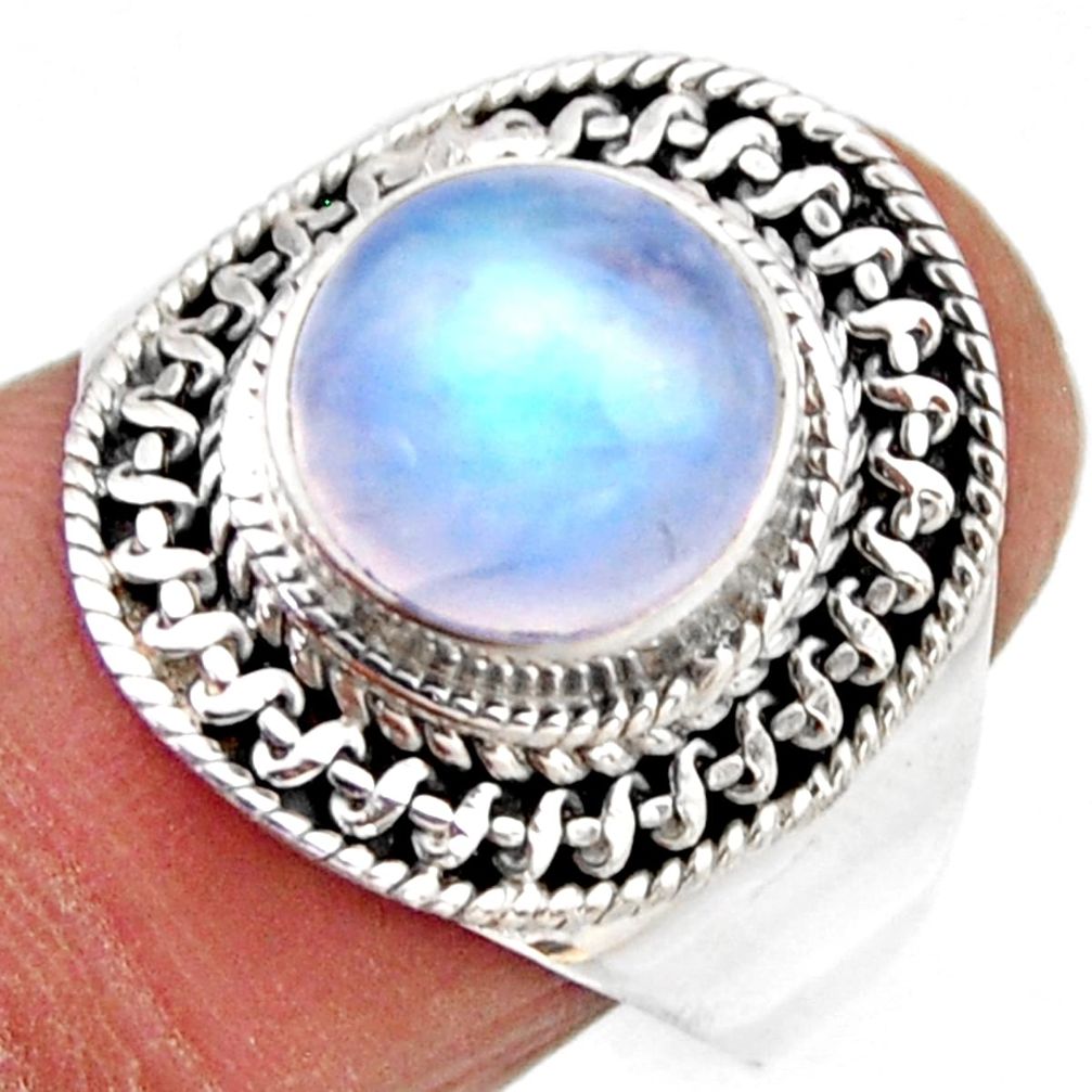 4.92cts natural rainbow moonstone round silver solitaire ring size 8.5 r53626