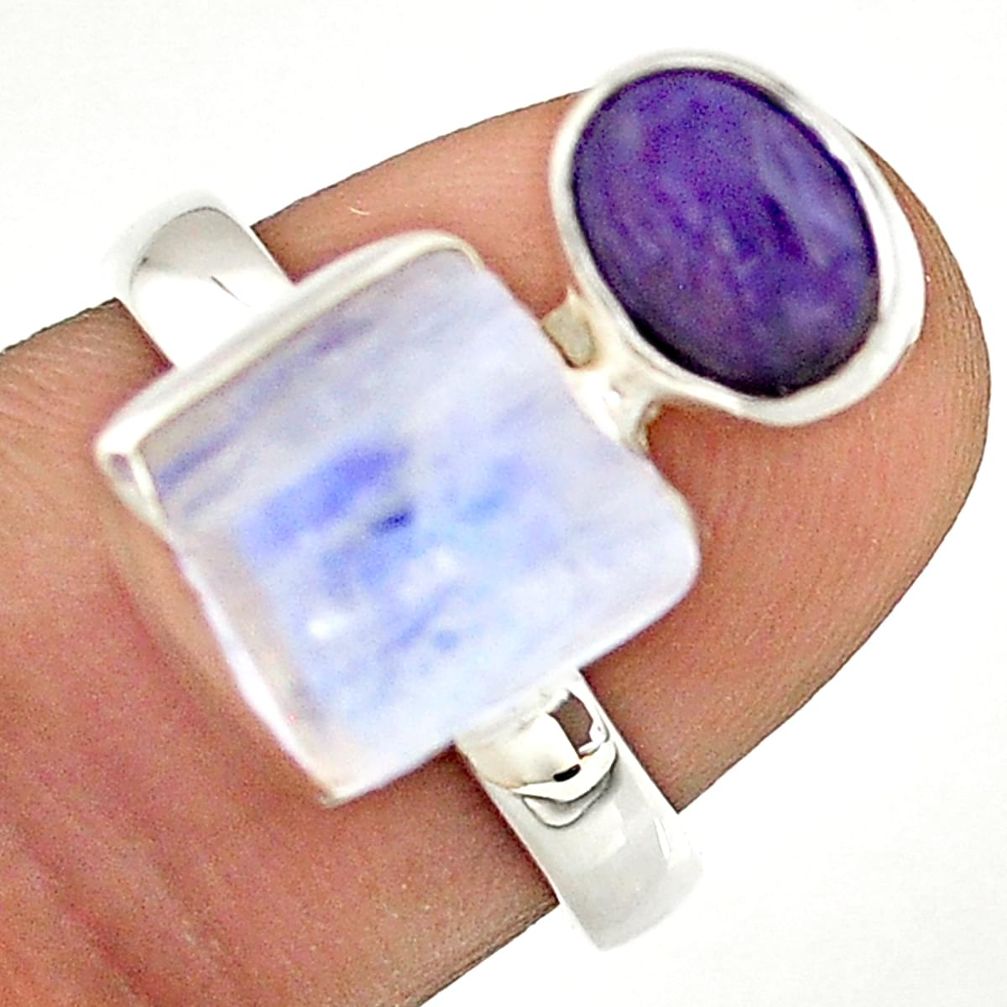 7.24cts natural rainbow moonstone slice rough charoite silver ring size 7 t69954