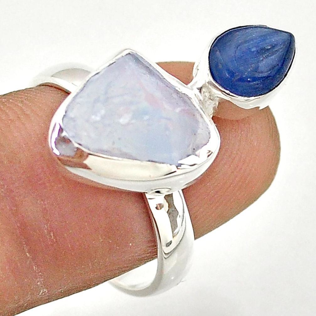7.62cts natural rainbow moonstone slice rough kyanite silver ring size 8 t69943