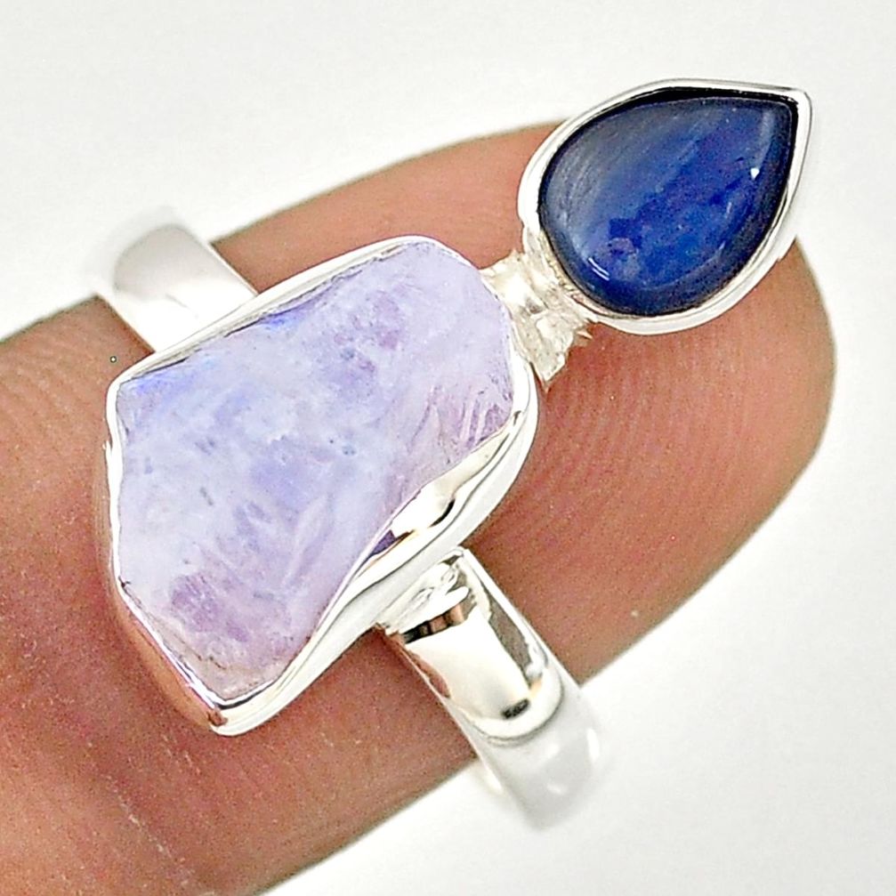 7.62cts natural rainbow moonstone slice rough kyanite silver ring size 9 t69948