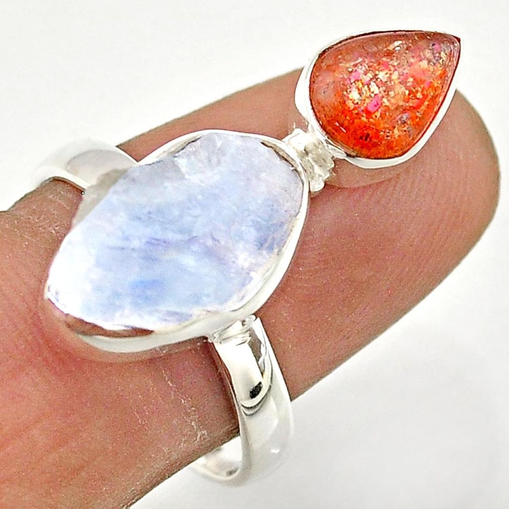 8.80cts natural rainbow moonstone slice rough sunstone silver ring size 9 t69938