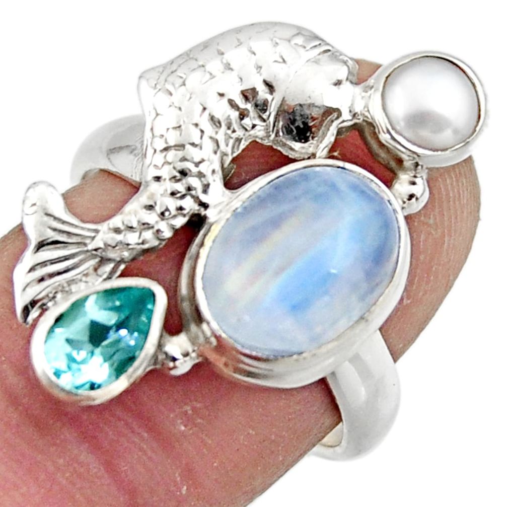 6.45cts natural rainbow moonstone topaz 925 silver fish ring size 7 r44926