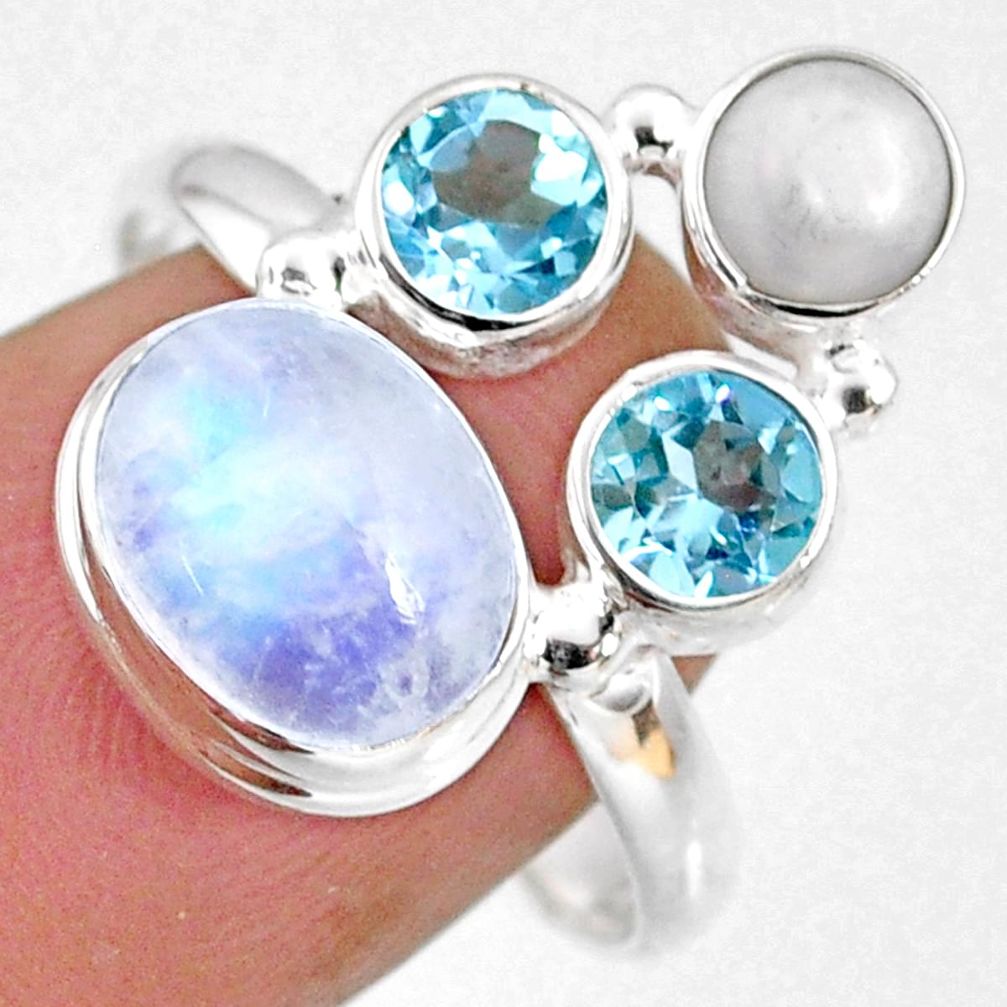 8.51cts natural rainbow moonstone topaz pearl 925 silver ring size 9.5 r63928
