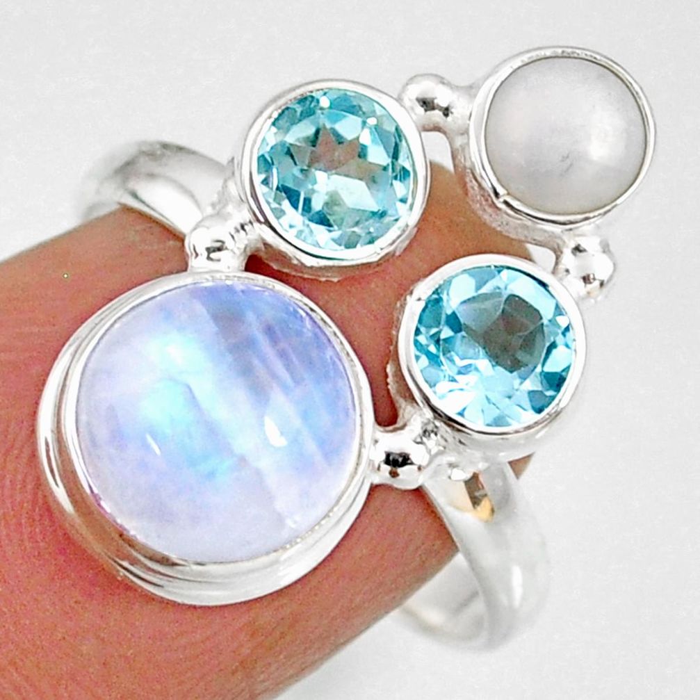 8.80cts natural rainbow moonstone topaz pearl 925 silver ring size 8.5 r63942