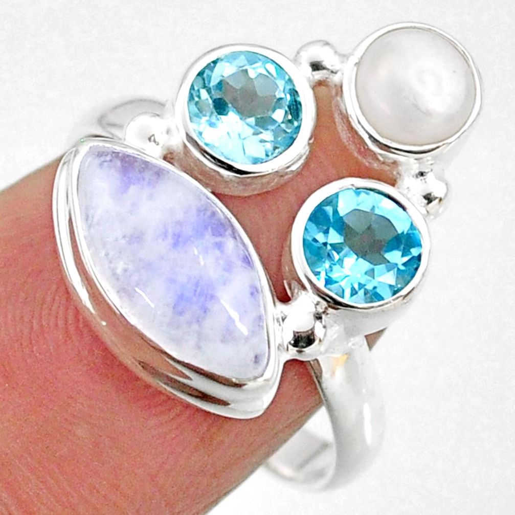 8.73cts natural rainbow moonstone topaz pearl 925 silver ring size 7.5 r63948