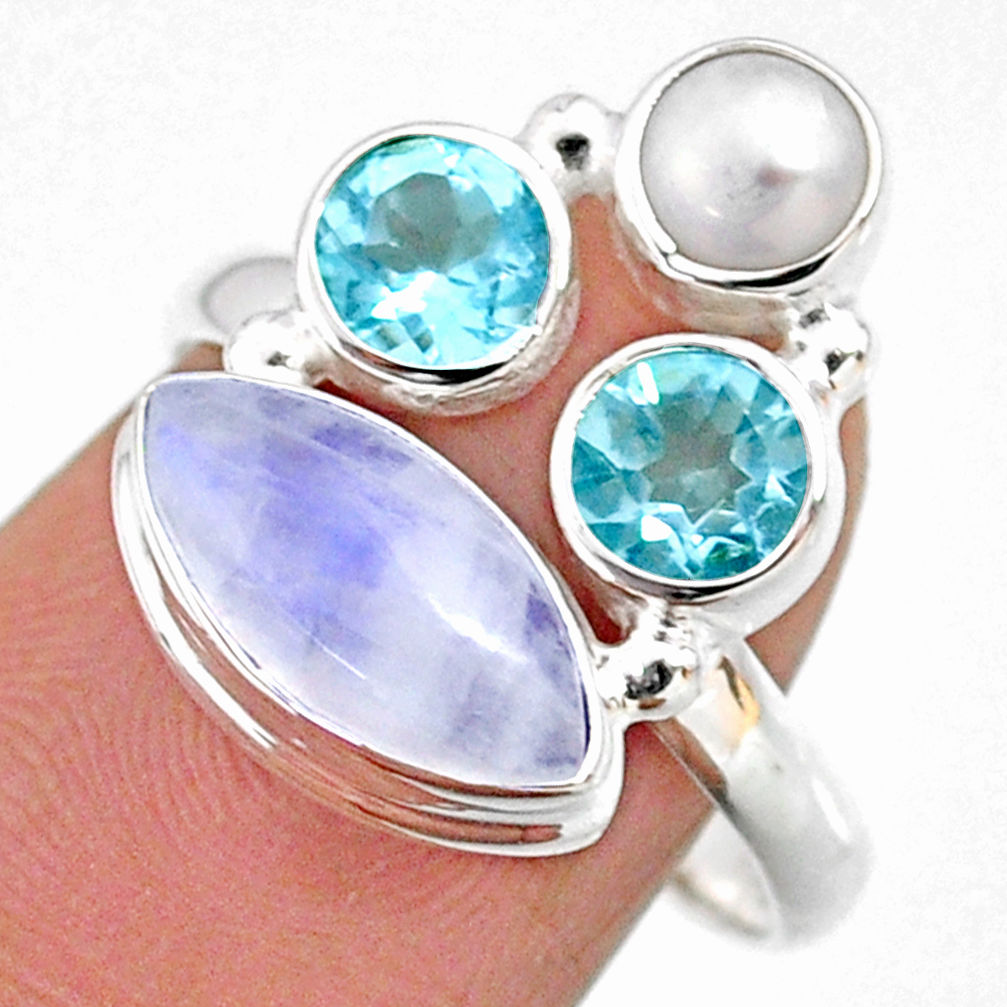 8.07cts natural rainbow moonstone topaz pearl 925 silver ring size 8.5 r63972