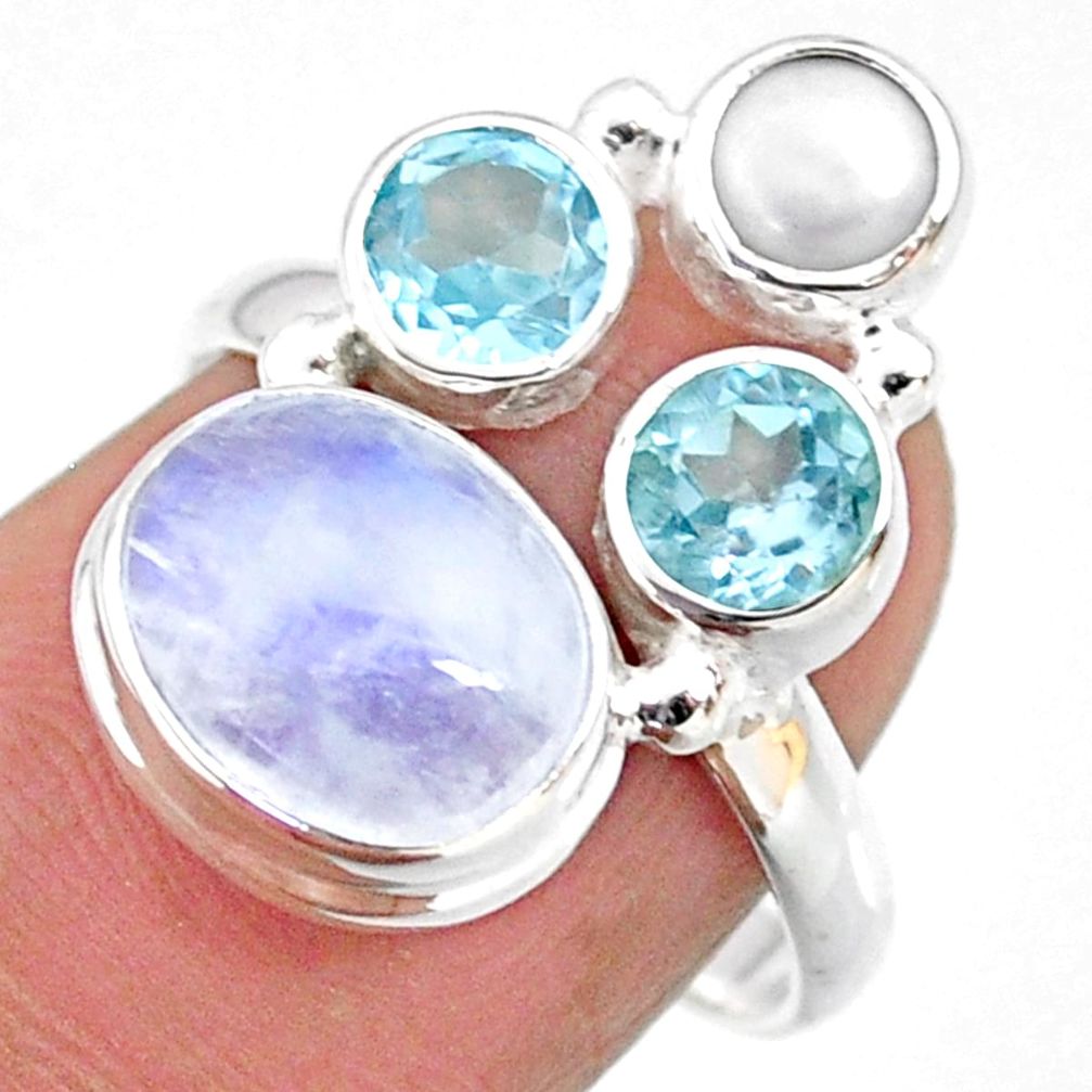 8.07cts natural rainbow moonstone topaz pearl 925 silver ring size 7.5 r63975