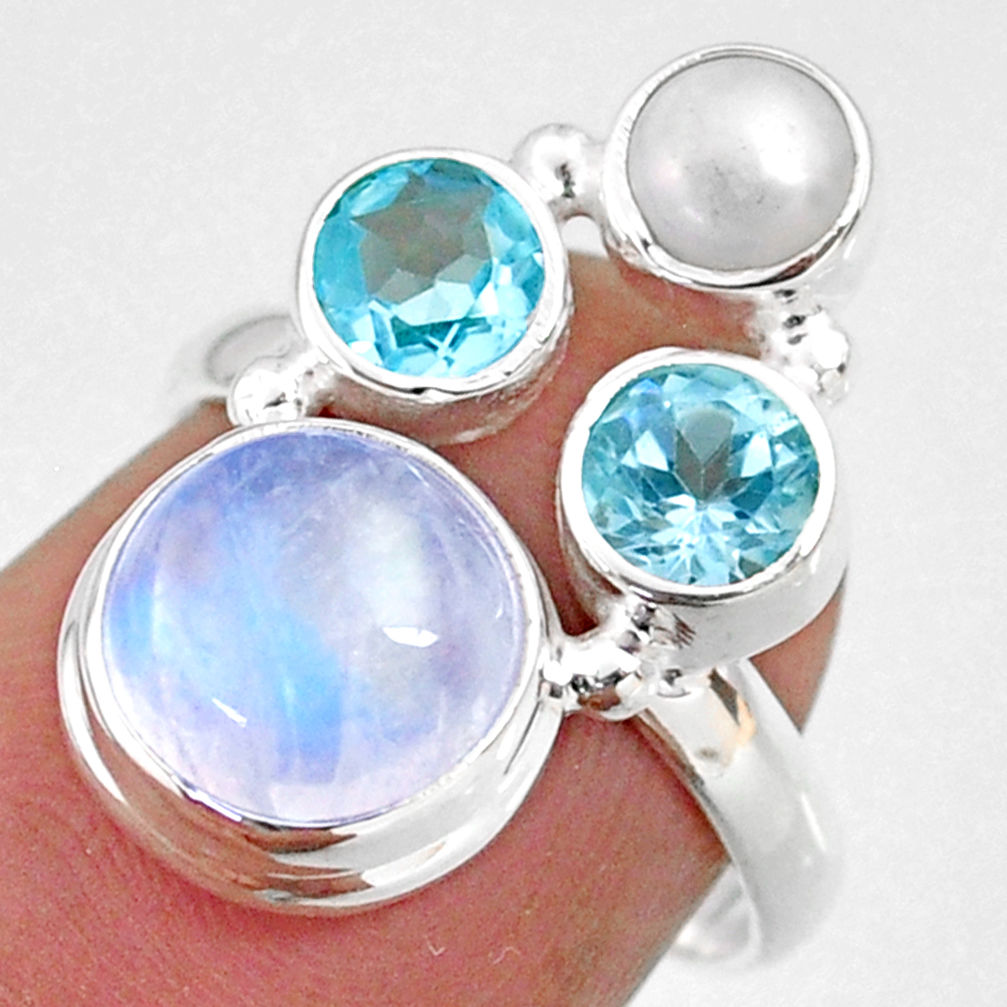 8.71cts natural rainbow moonstone topaz pearl 925 silver ring size 6 r63912