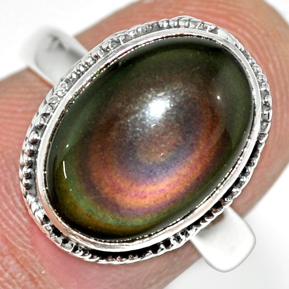 6.58cts natural rainbow obsidian eye 925 silver solitaire ring size 6.5 r21211