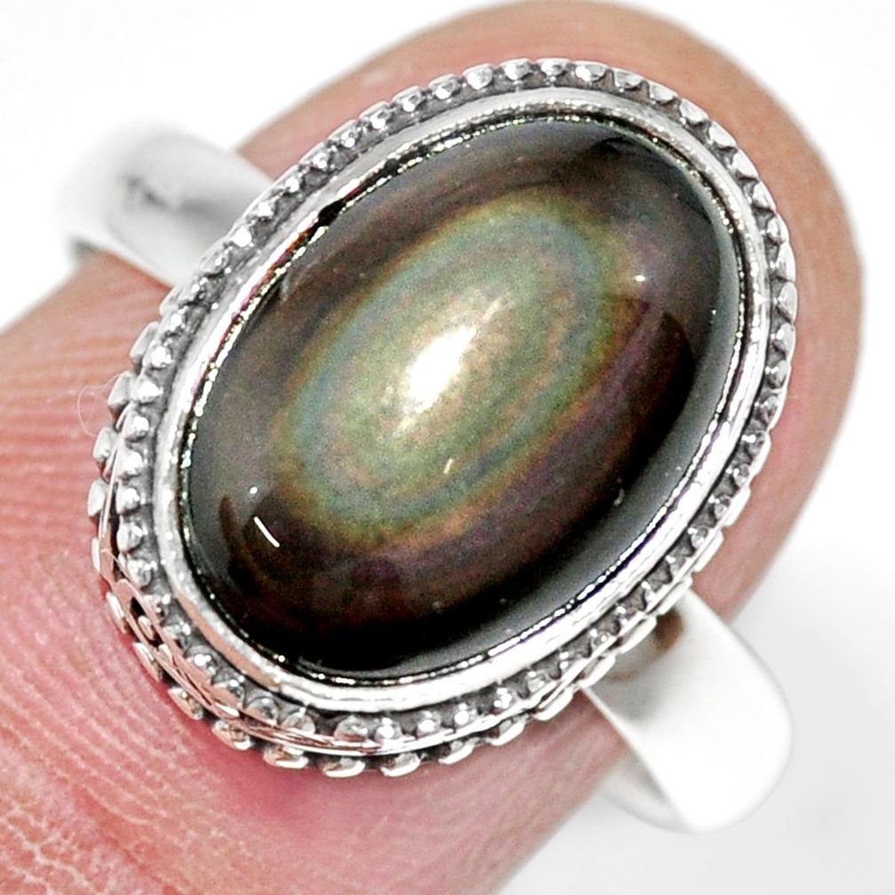 6.62cts natural rainbow obsidian eye 925 silver solitaire ring size 8.5 r21214