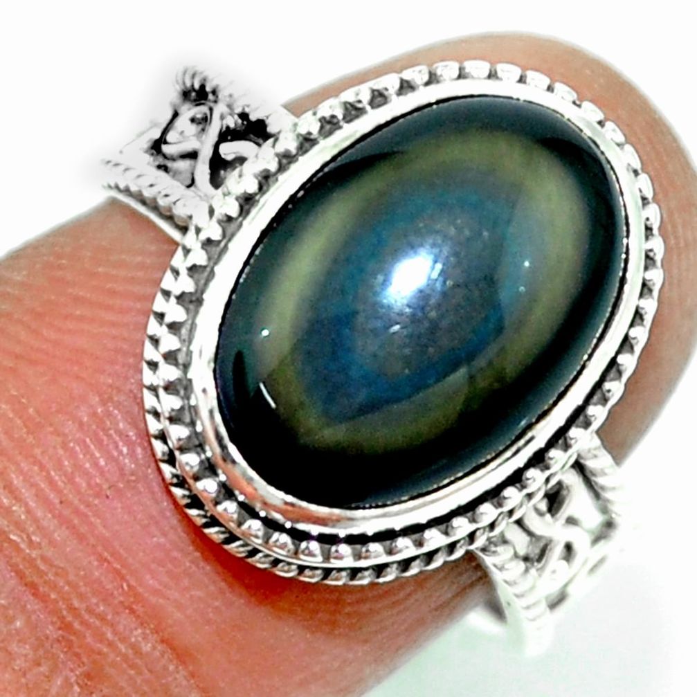 6.80cts natural rainbow obsidian eye 925 silver solitaire ring size 7.5 r53651