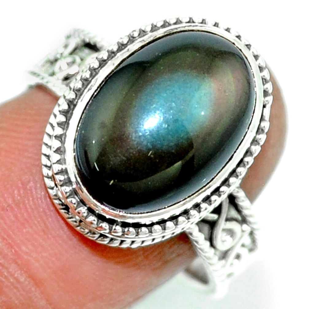 6.80cts natural rainbow obsidian eye 925 silver solitaire ring size 8.5 r53655