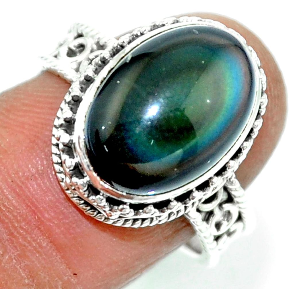 6.57cts natural rainbow obsidian eye 925 silver solitaire ring size 7.5 r53656