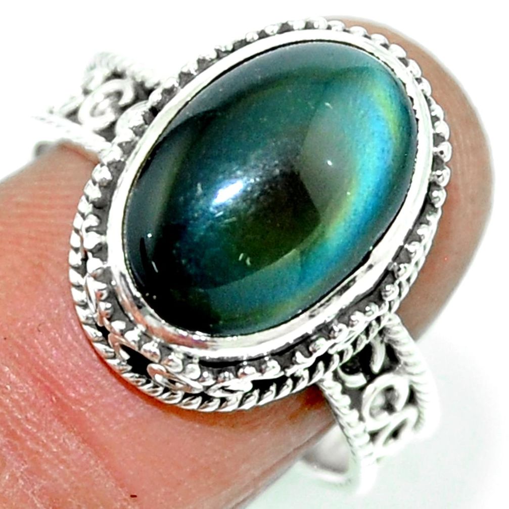6.48cts natural rainbow obsidian eye 925 silver solitaire ring size 8.5 r53659