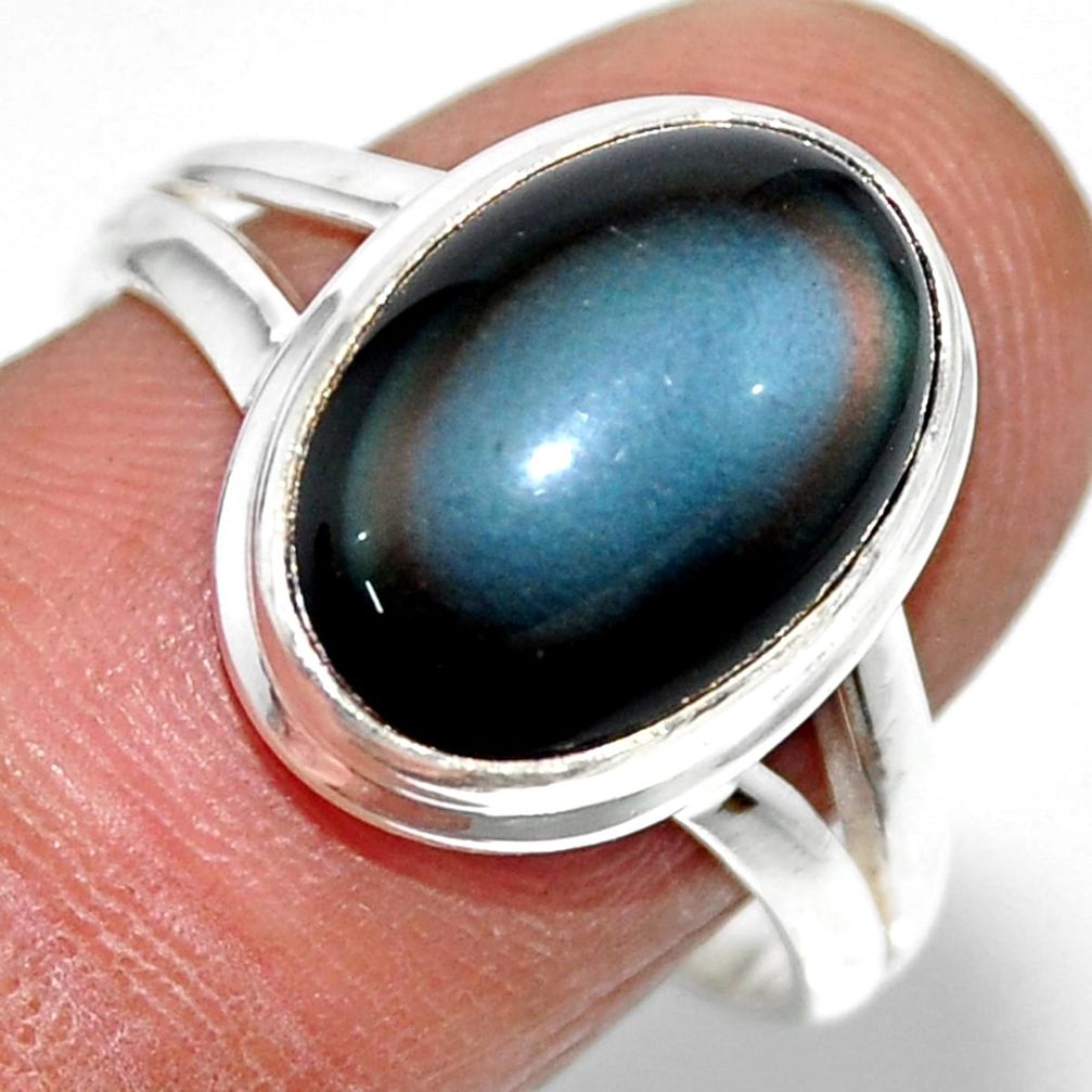 6.39cts natural rainbow obsidian eye 925 silver solitaire ring size 8.5 r53698