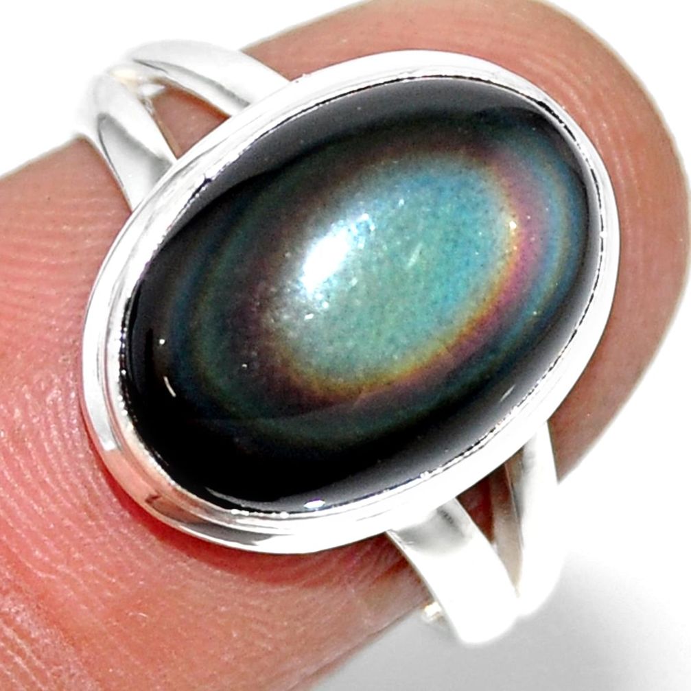 6.70cts natural rainbow obsidian eye 925 silver solitaire ring size 7 r53699