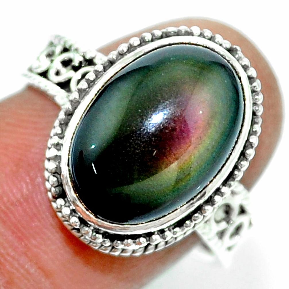 6.57cts natural rainbow obsidian eye 925 silver solitaire ring size 8 r53653