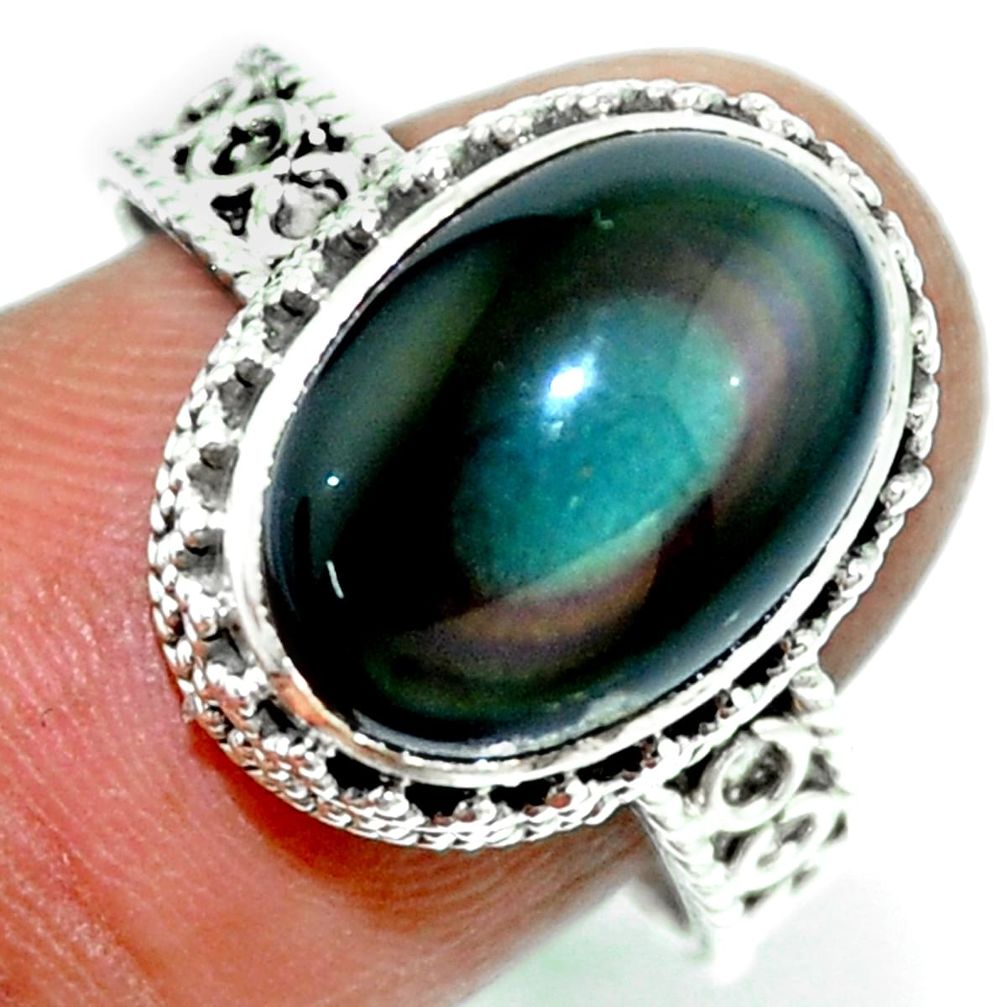7.21cts natural rainbow obsidian eye 925 silver solitaire ring size 9 r53652