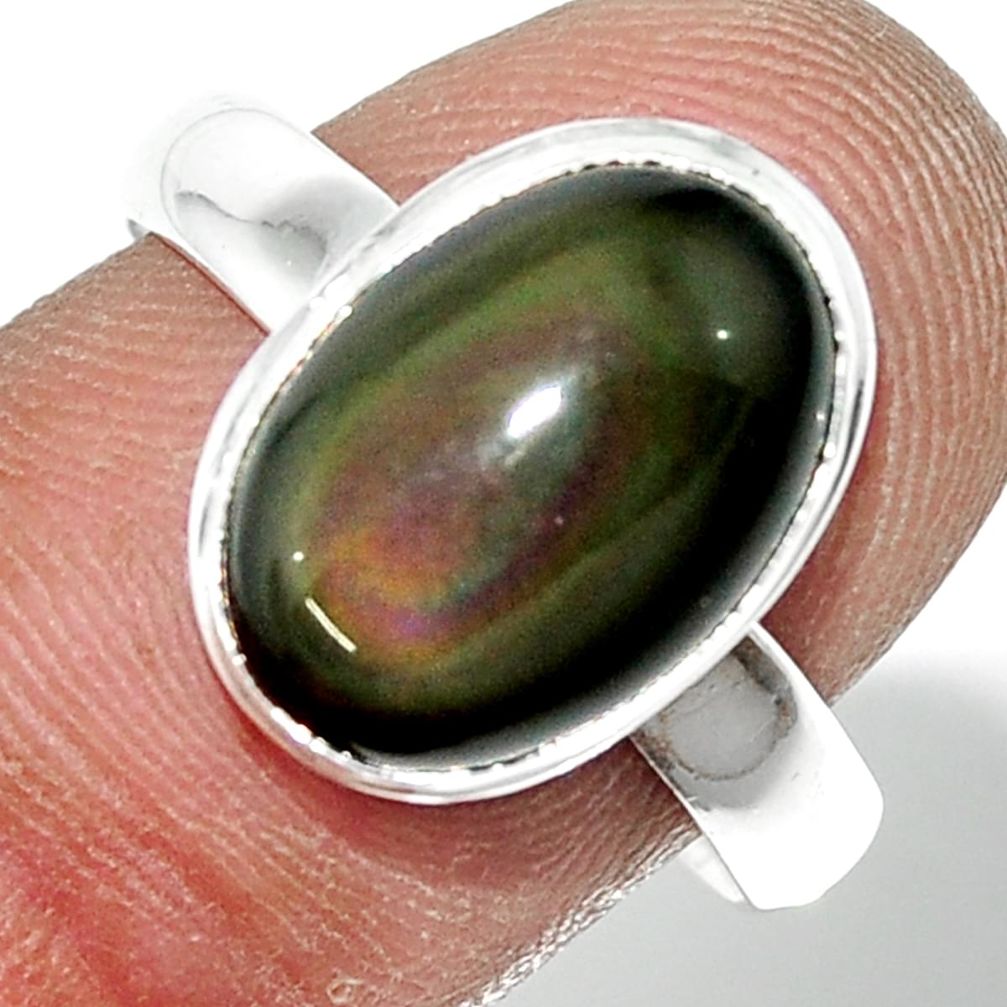 5.23cts natural rainbow obsidian eye 925 sterling silver ring size 8.5 r42999