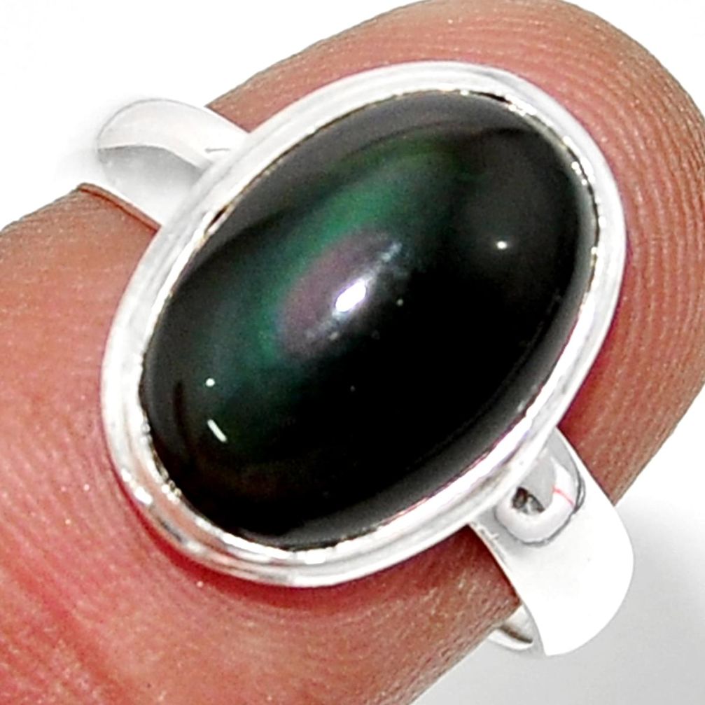5.43cts natural rainbow obsidian eye oval silver solitaire ring size 7 r39393