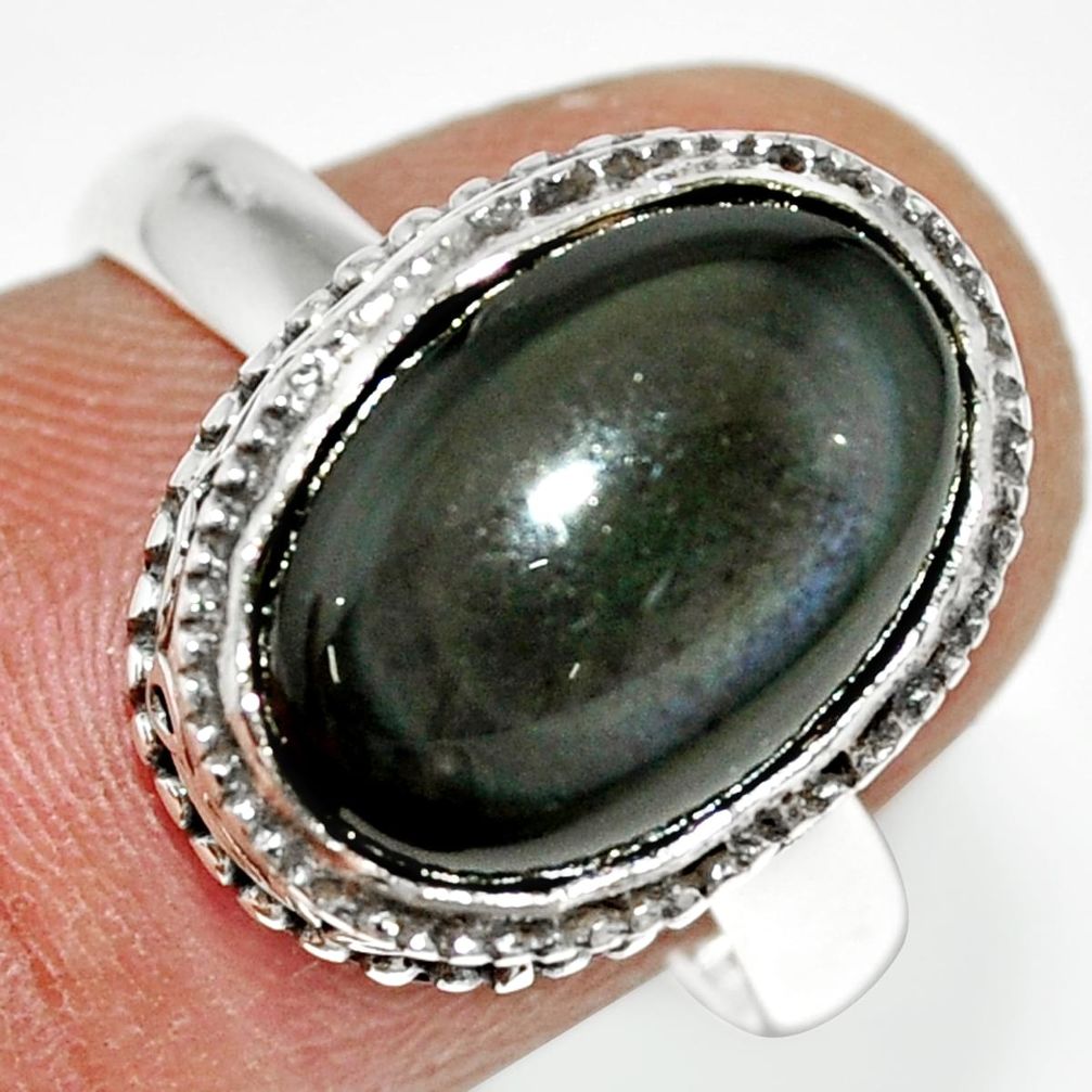 6.46cts natural rainbow obsidian eye oval silver solitaire ring size 8 r21213