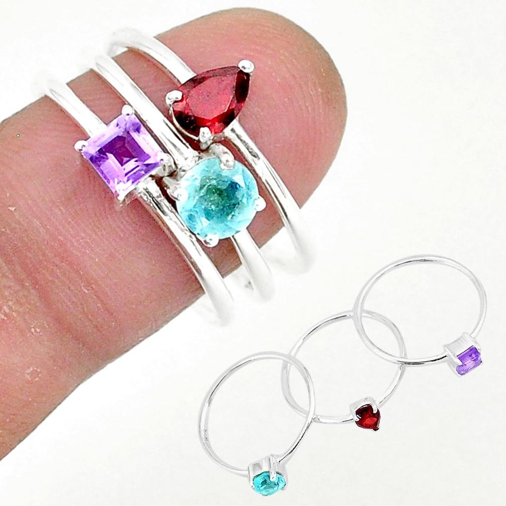 2.91cts natural red garnet amethyst 925 sterling silver 3 rings size 7.5 r93111