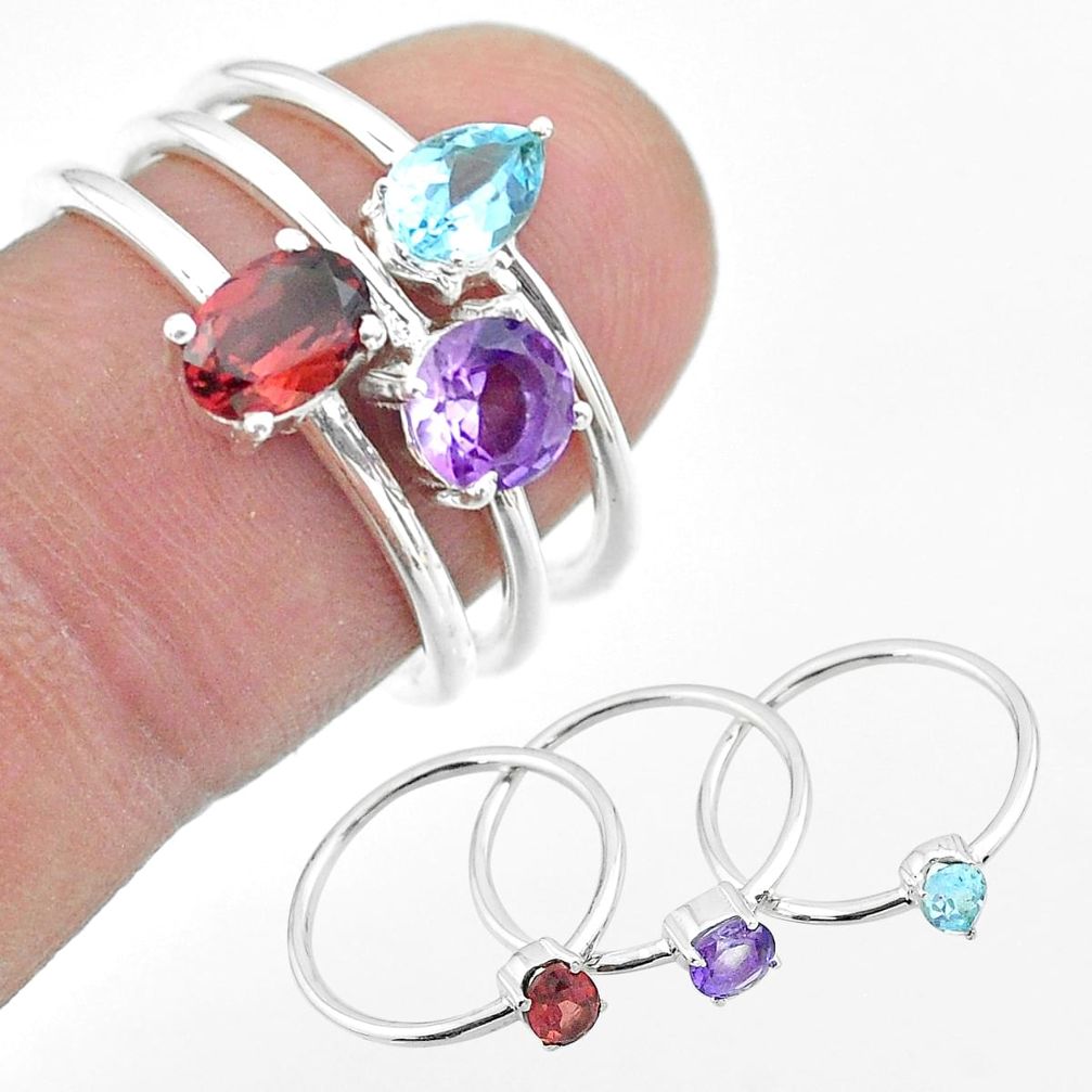 3.23cts natural red garnet amethyst blue topaz 925 silver 3 rings size 9 t51467