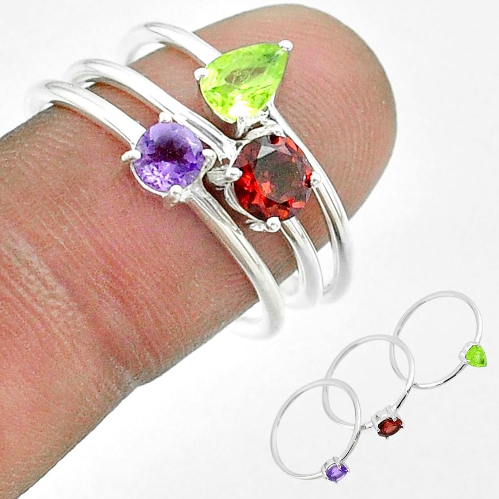 2.82cts natural red garnet amethyst peridot 925 silver 3 rings size 8 t51494