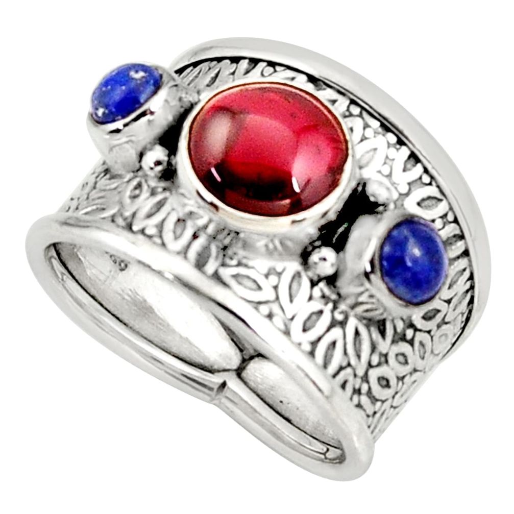 3.70cts natural red garnet lapis lazuli 925 sterling silver ring size 8 r38395