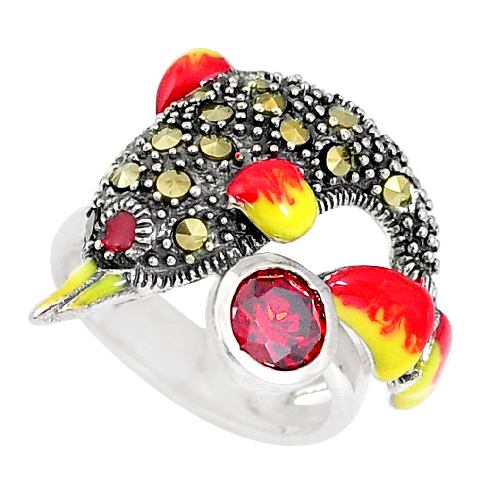 LAB 1.60cts natural red garnet marcasite 925 silver dolphin ring size 5.5 c21381