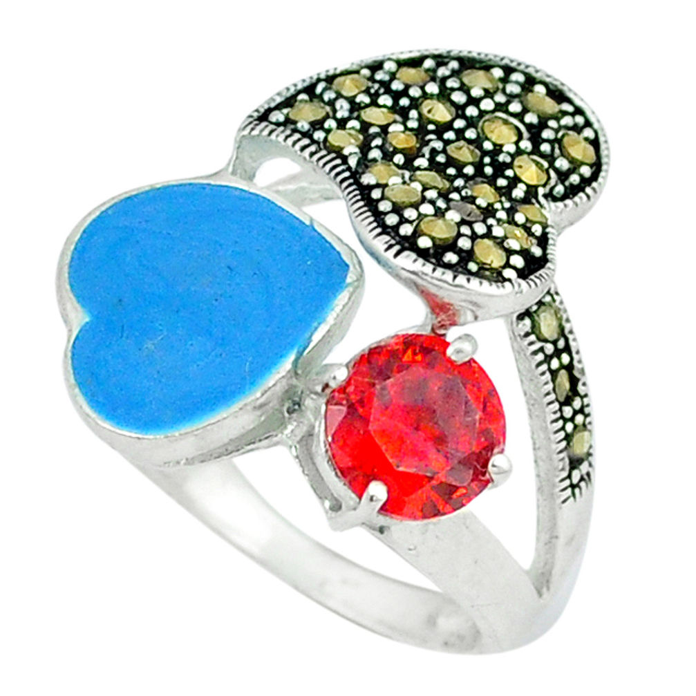 LAB Natural red garnet marcasite enamel 925 silver heart ring size 7 c18274