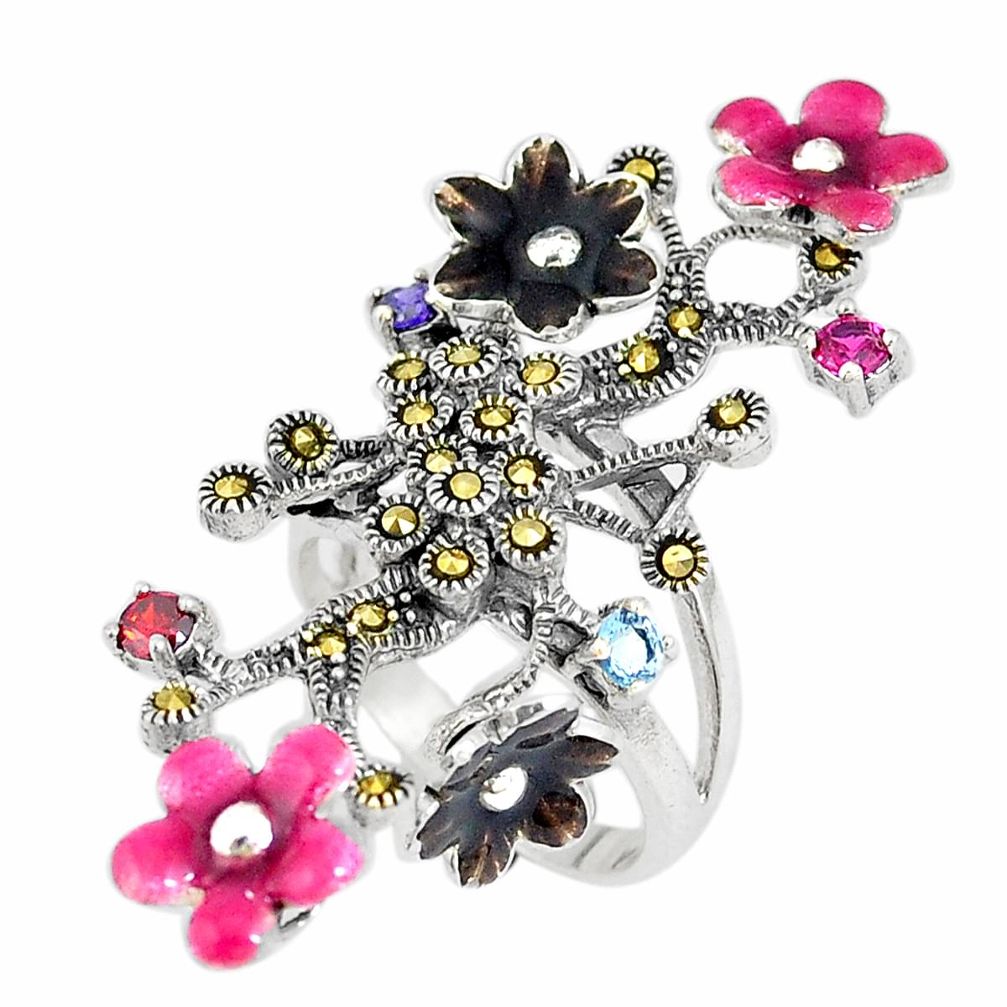 Natural red garnet marcasite enamel 925 silver flower ring size 7.5 c16174