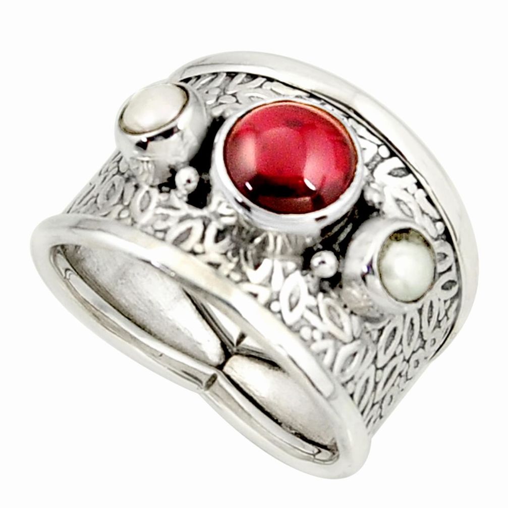 4.12cts natural red garnet pearl 925 sterling silver ring size 6.5 r38396