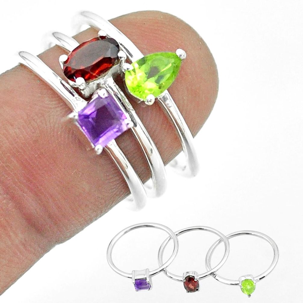 2.98cts natural red garnet peridot amethyst 925 silver 3 rings size 7 t51034