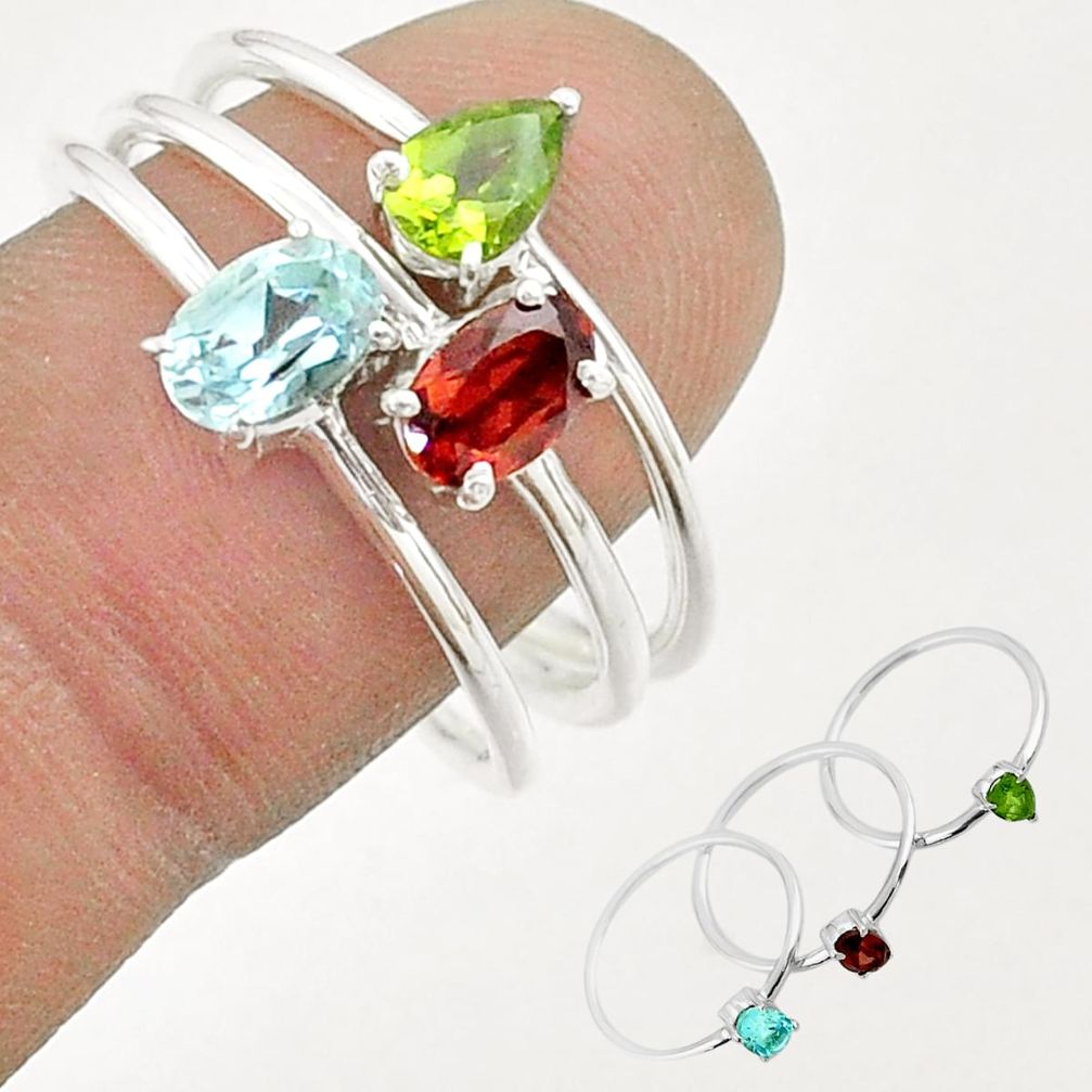 2.82cts natural red garnet peridot topaz 925 silver 3 rings size 9 t51498