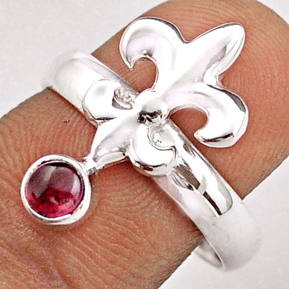0.39cts natural red garnet round 925 silver fleur-de-lis ring size 7.5 t89029