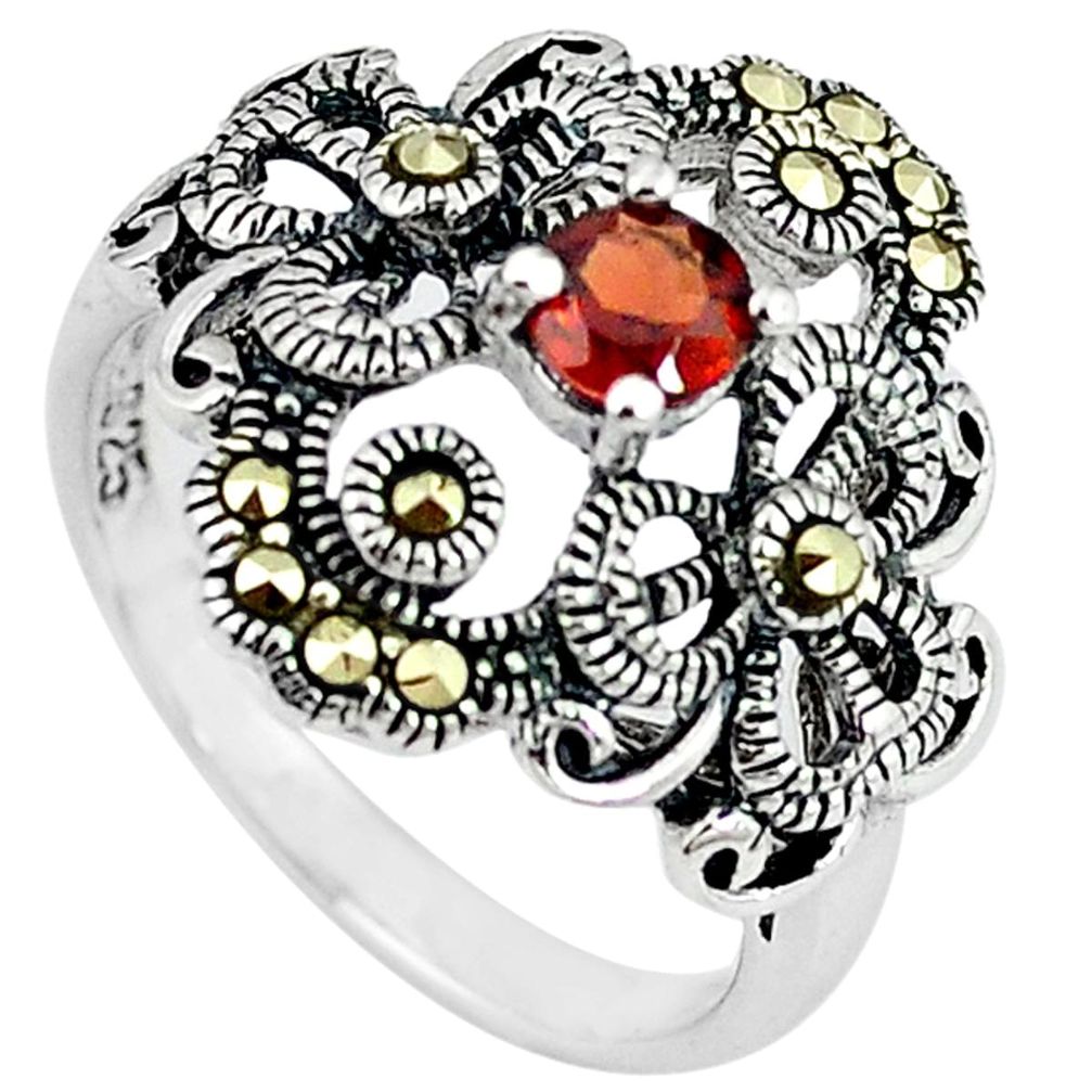 Natural red garnet round marcasite 925 sterling silver ring size 6 c16216