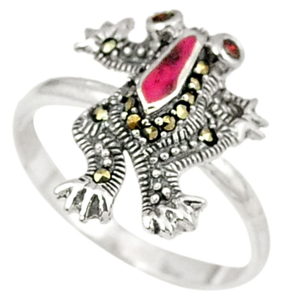 Natural red garnet swiss marcasite 925 sterling silver frog ring size 7 c22979