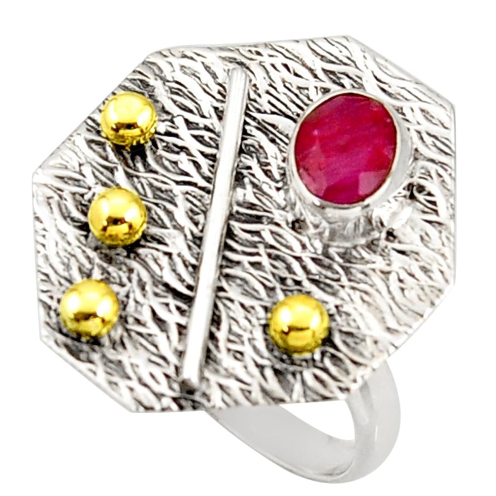 1.58cts natural red ruby 925 silver 14k gold solitaire ring size 8 r37329