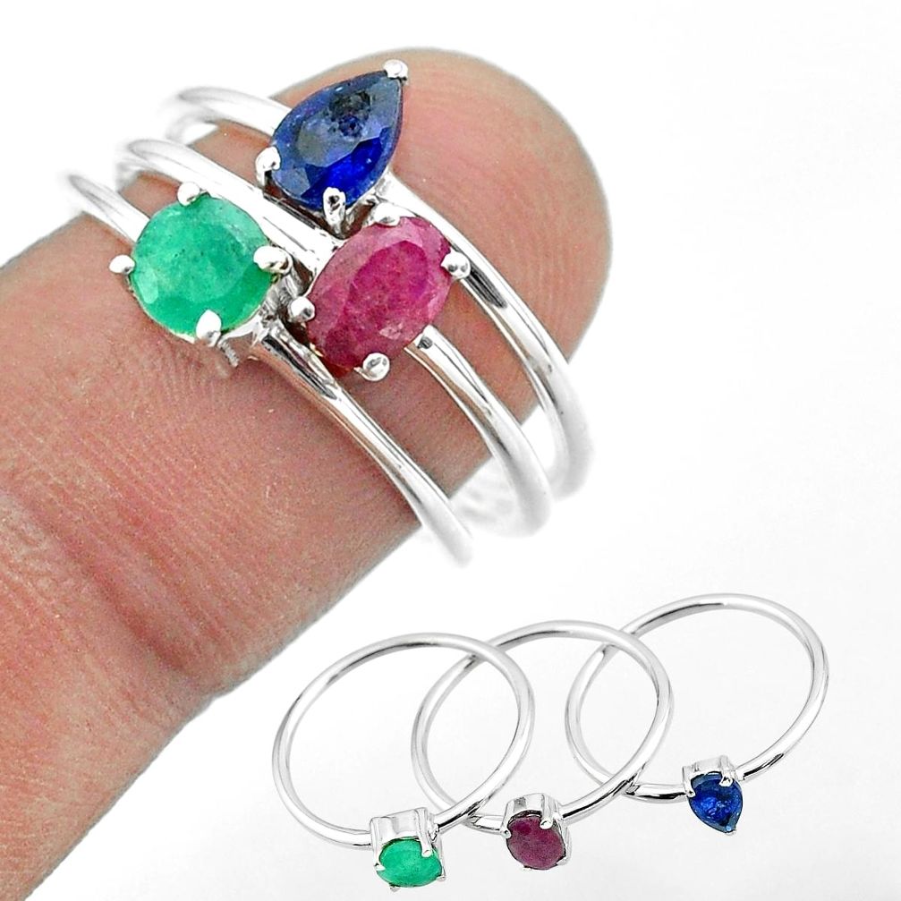 2.81cts natural red ruby emerald sapphire 925 silver 3 rings size 8 t50998